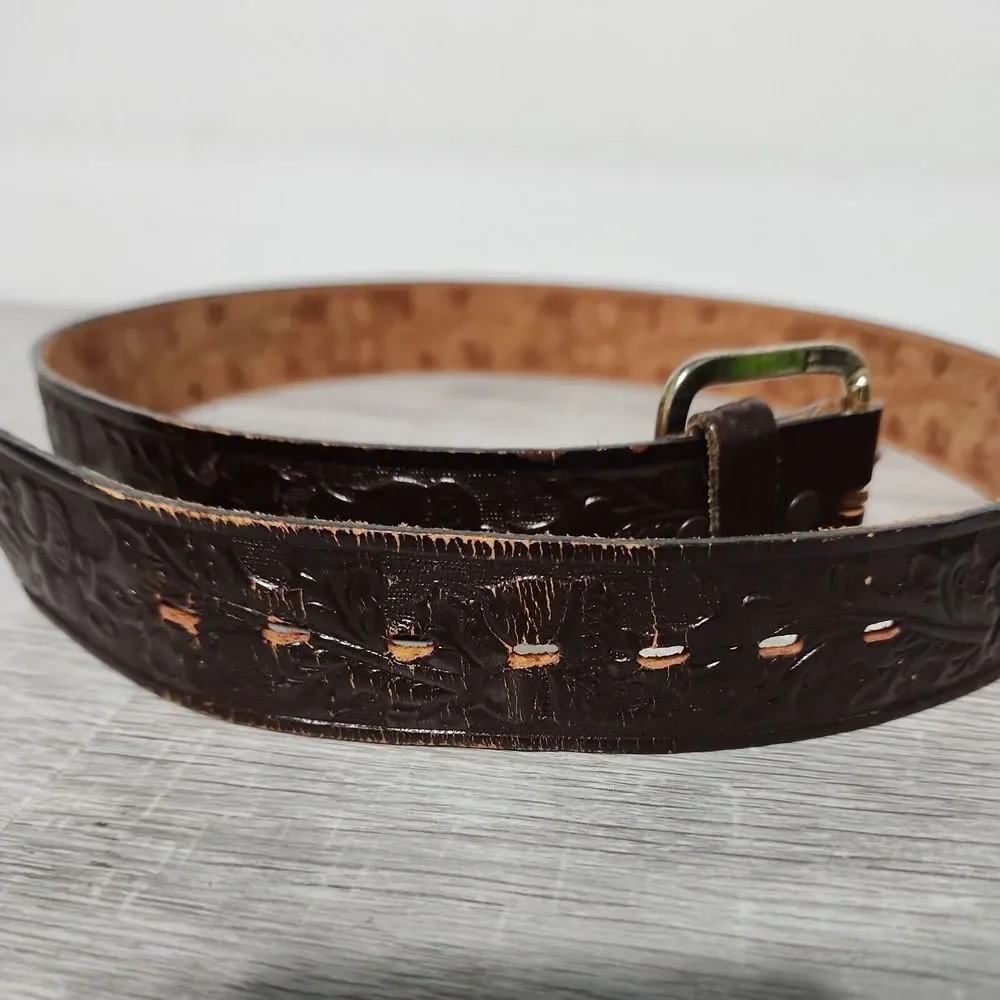 CHAMBERS Men's Hand‎ Finished Tooled Leather Belt Made in the USA Buckle Belt